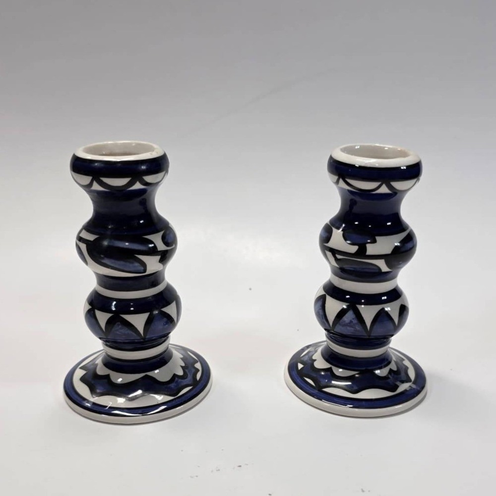 Blue and White Hand Painted Ceramic Candlestick Holders Set of 2 Geometric 4"